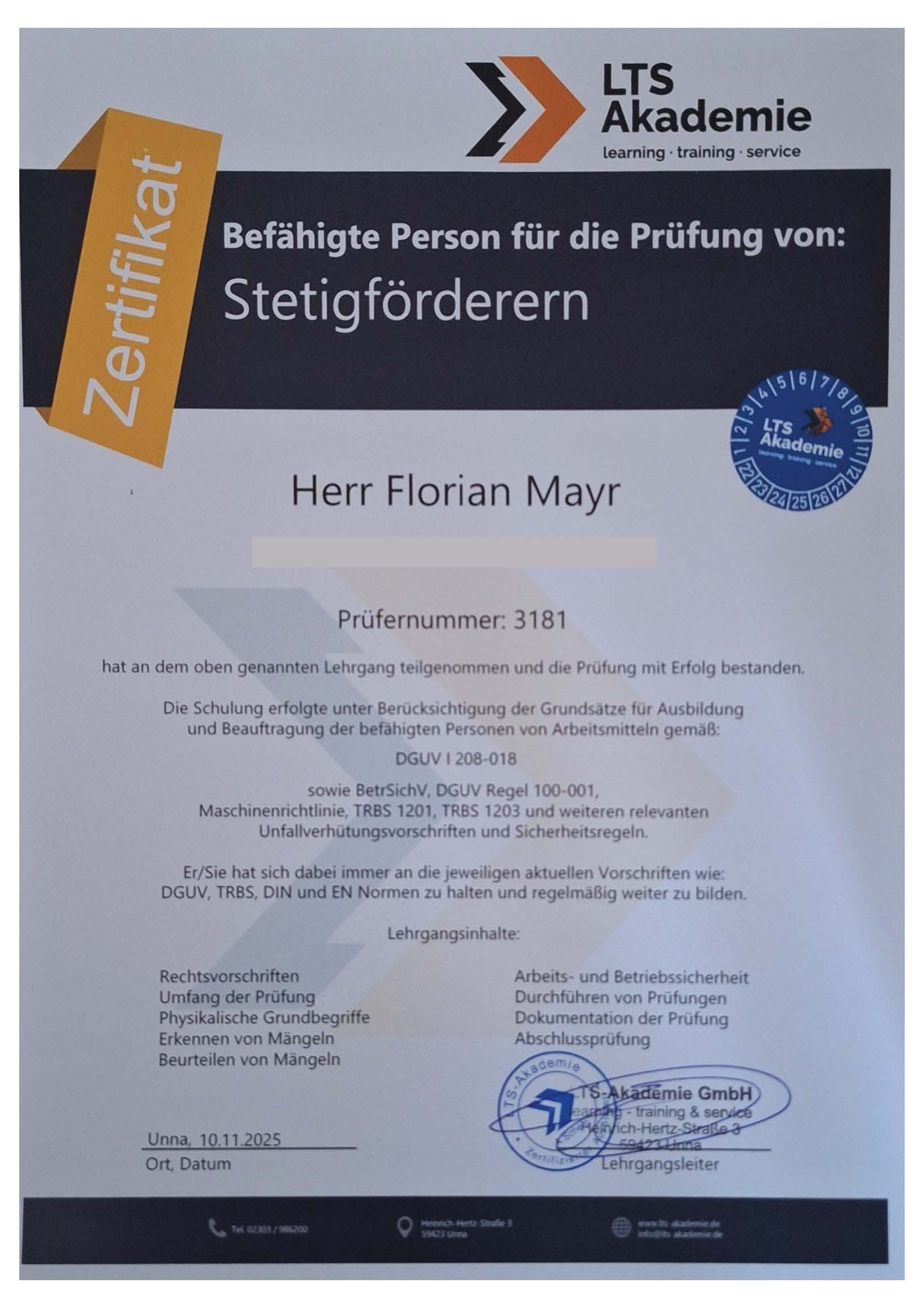 Befähigung zur DGUV-Prüfung von Stetigförderern und Bandanlagen nach DGUV 208-018